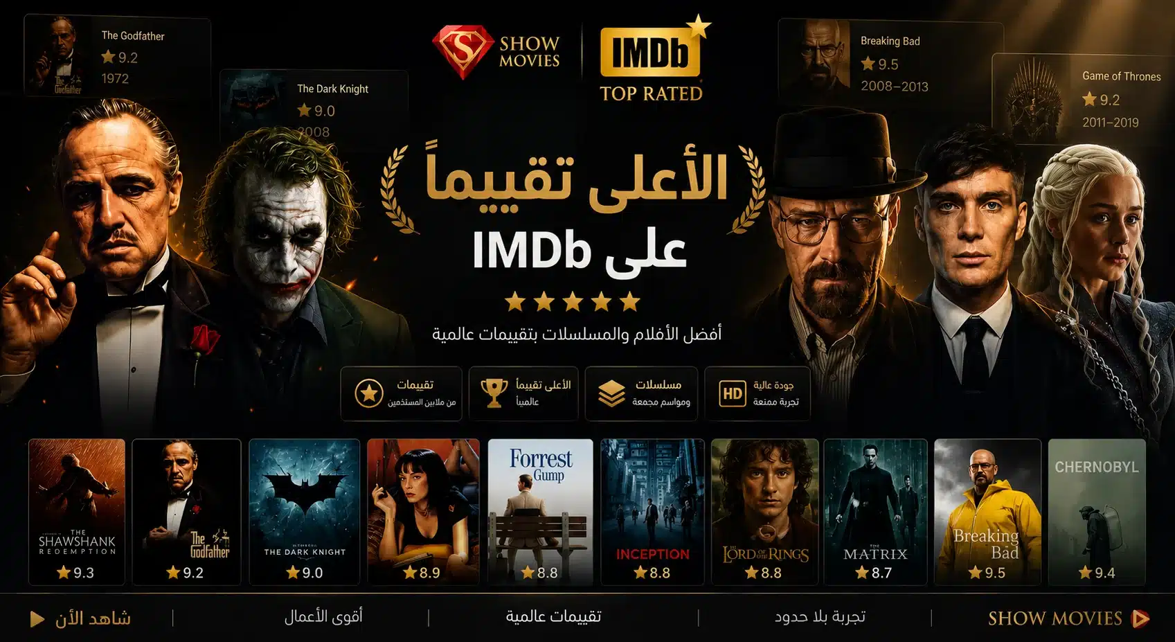 بوستر قسم الأعمال الأعلى تقييماً حسب IMDB على منصة شو موفيز Show Movies، يضم أبرز الشخصيات السينمائية وأفضل الأفلام والمسلسلات العالمية المجمعة.